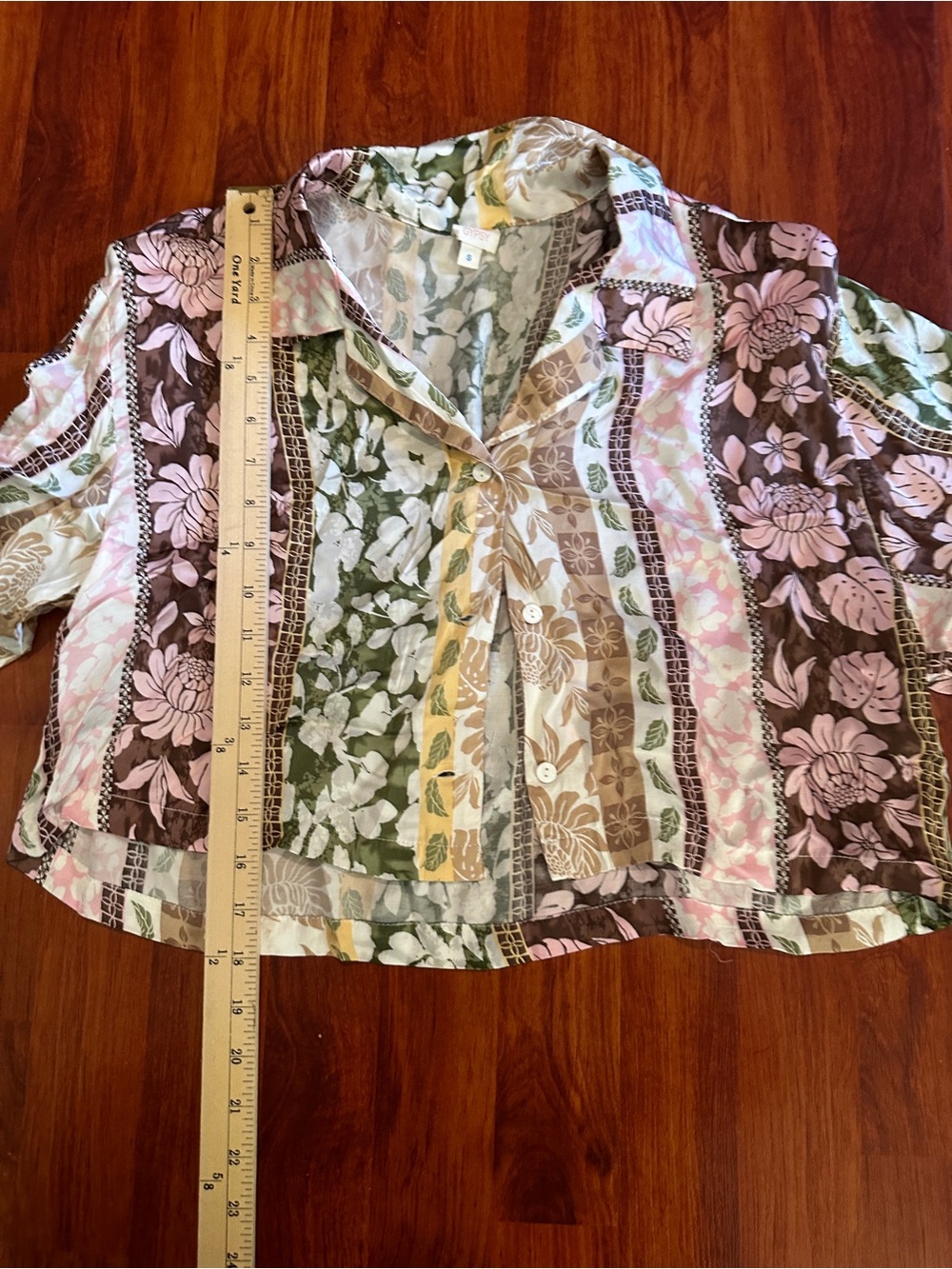 Satin Floral Patchwork Print Button Shirt - Pink, Brown, Green size small - Picture 9 of 10